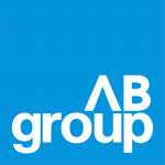 AB Group logo. Blue square logo with the white text 