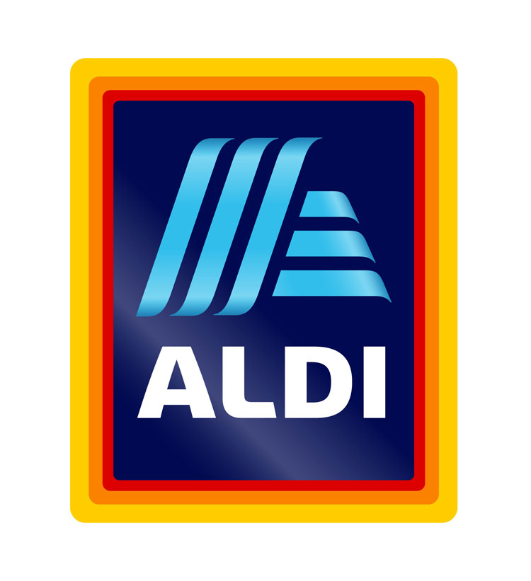 ALDI logo featuring blue stylized lines forming an 