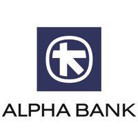 Alpha Bank logo featuring a stylized white symbol inside a navy square, with 