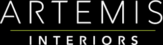 Artemis Interiors logo with white text on a black background and a thin yellow line separating the two words.