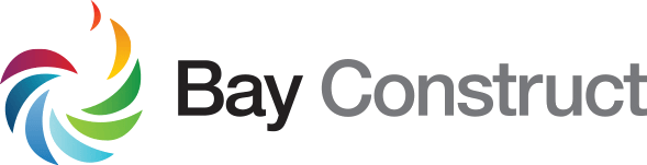 Bay Construct logo with a circular swirl of rainbow colors to the left of the company name written in black and gray text on a white background. Bay Construct is a Plasloc client.