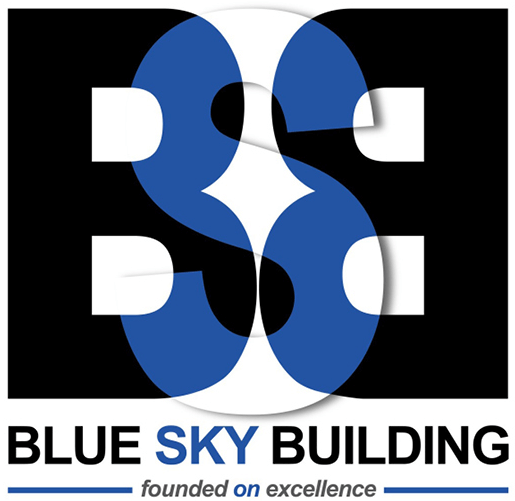 The Blue Sky Building logo features the letters BSB intertwined in black and blue over a white circular background, with the company name and tagline 