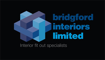 Logo for Bridgford Interiors Limited with geometric blue shapes and the tagline 