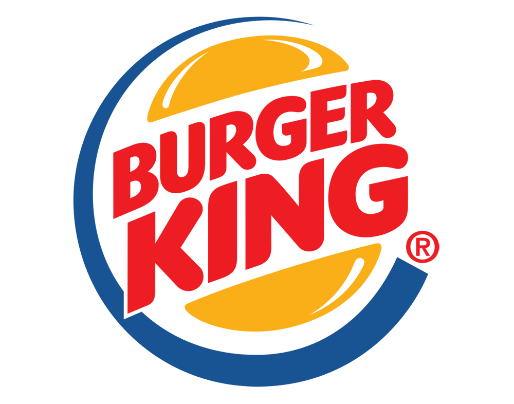 Burger King logo with red text between two yellow bun halves, surrounded by a blue curved line on a white background. Burger King is a Plasloc client.