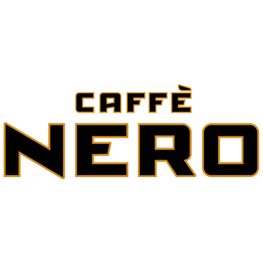 Caffè Nero logo with bold black and gold outlined text on a white background. Caffè Nero is a Pasloc client.