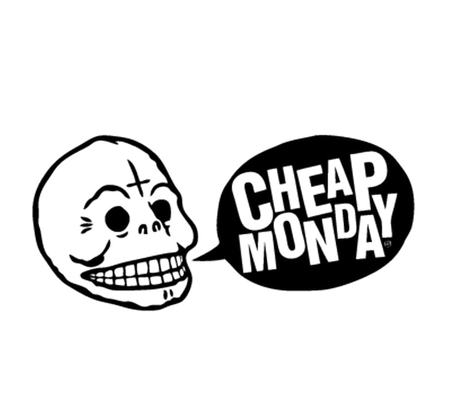 Black and white illustration of a grinning skull with a speech bubble containing the words 