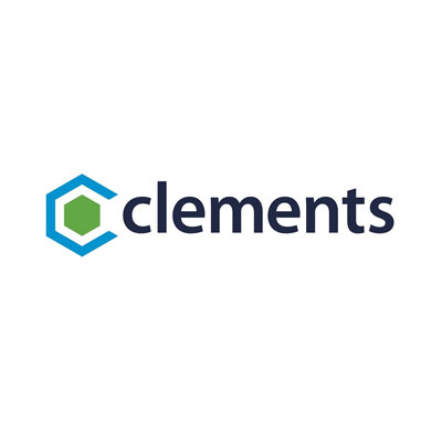 Logo with a blue hexagon containing a green hexagon on the left, followed by the word “clements” in lowercase, bold, dark navy text. Clements is a Plasloc client.