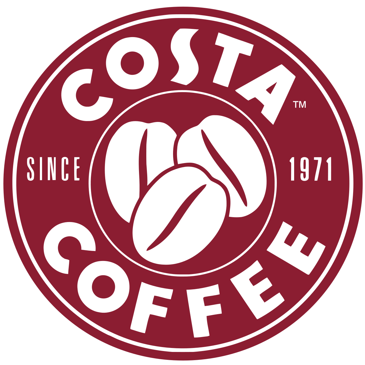 Costa Coffee logo with three coffee beans in the center, the text 