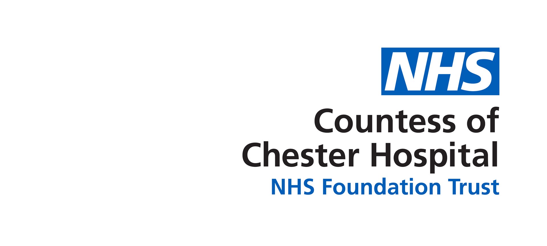 NHS Countess of Chester Hospital logo with blue and black text on a white background. NHS Countess of Chester Hospital is a Pasloc client.