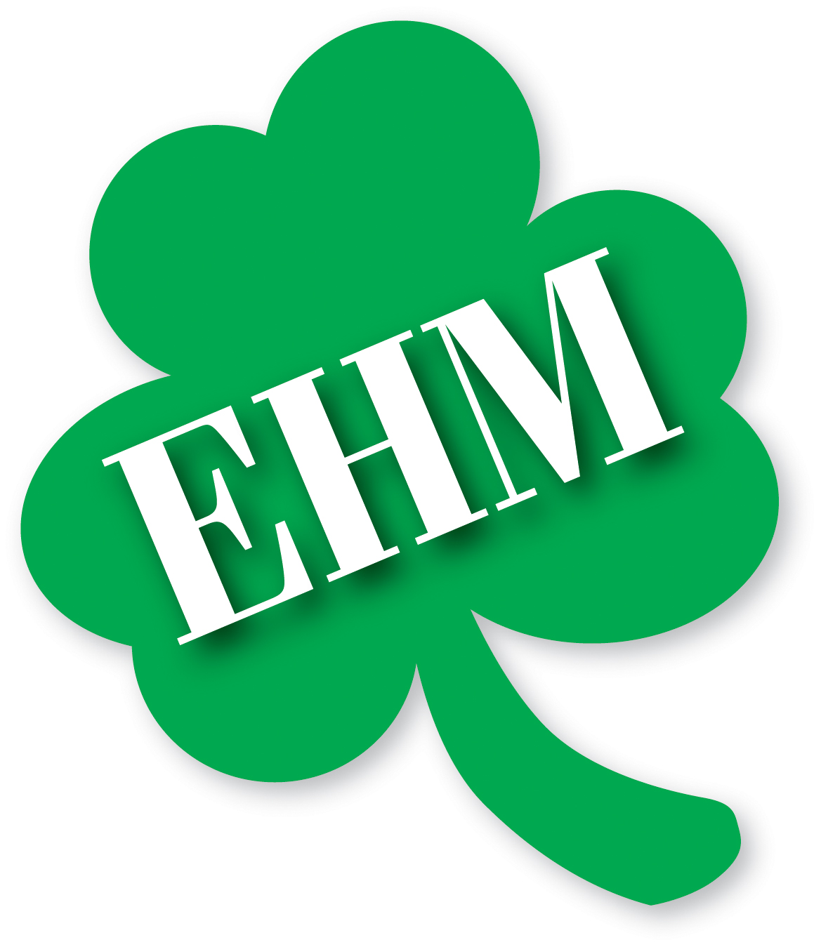 A green shamrock with the white capital letters 