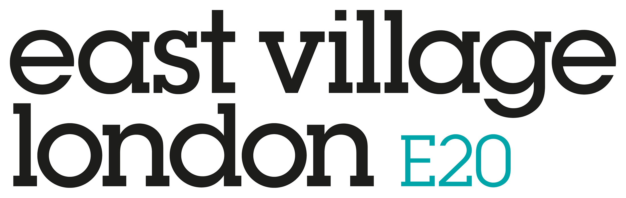 Black text reads “east village london” with “E20” in light blue on a white background. East Village London is a Plasloc client.