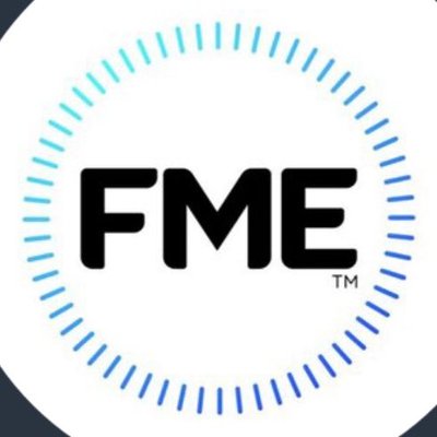 The FME logo featuring bold black text surrounded by a circular border of small, blue-gradient vertical lines on a white background. FME is a Plasloc client.