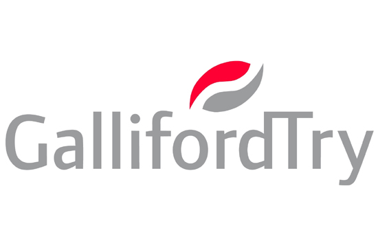 Galliford Try logo in gray text with a red and gray leaf-shaped symbol above the letter 