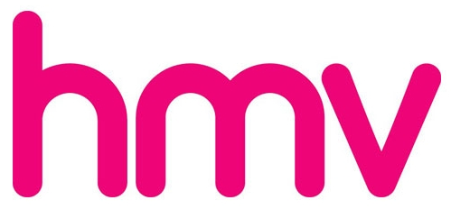 The hmv logo in bold, rounded lowercase pink letters on a white background. HMV is a Plasloc client.