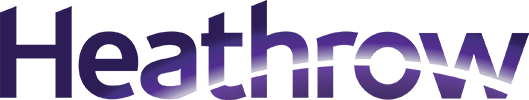 Heathrow logo in purple gradient text with a curved white line cutting through the letters. Heathrow is a Plasloc client.