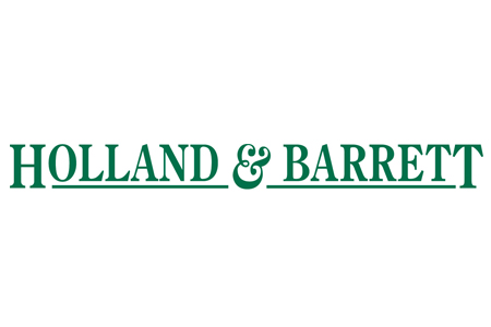 The image shows the Holland & Barrett logo with the brand name in green, all-capital letters, separated by an ampersand, and underlined. Holland & Barrett is a Plasloc client.