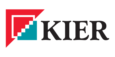 Kier logo featuring a red and teal geometric design on the left and the word 