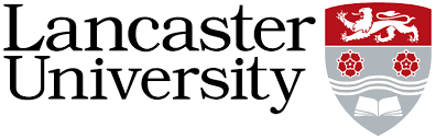 Lancaster University logo with text and a crest featuring a lion, two red roses, wavy lines, and an open book. Lancaster University is a Plasloc client.