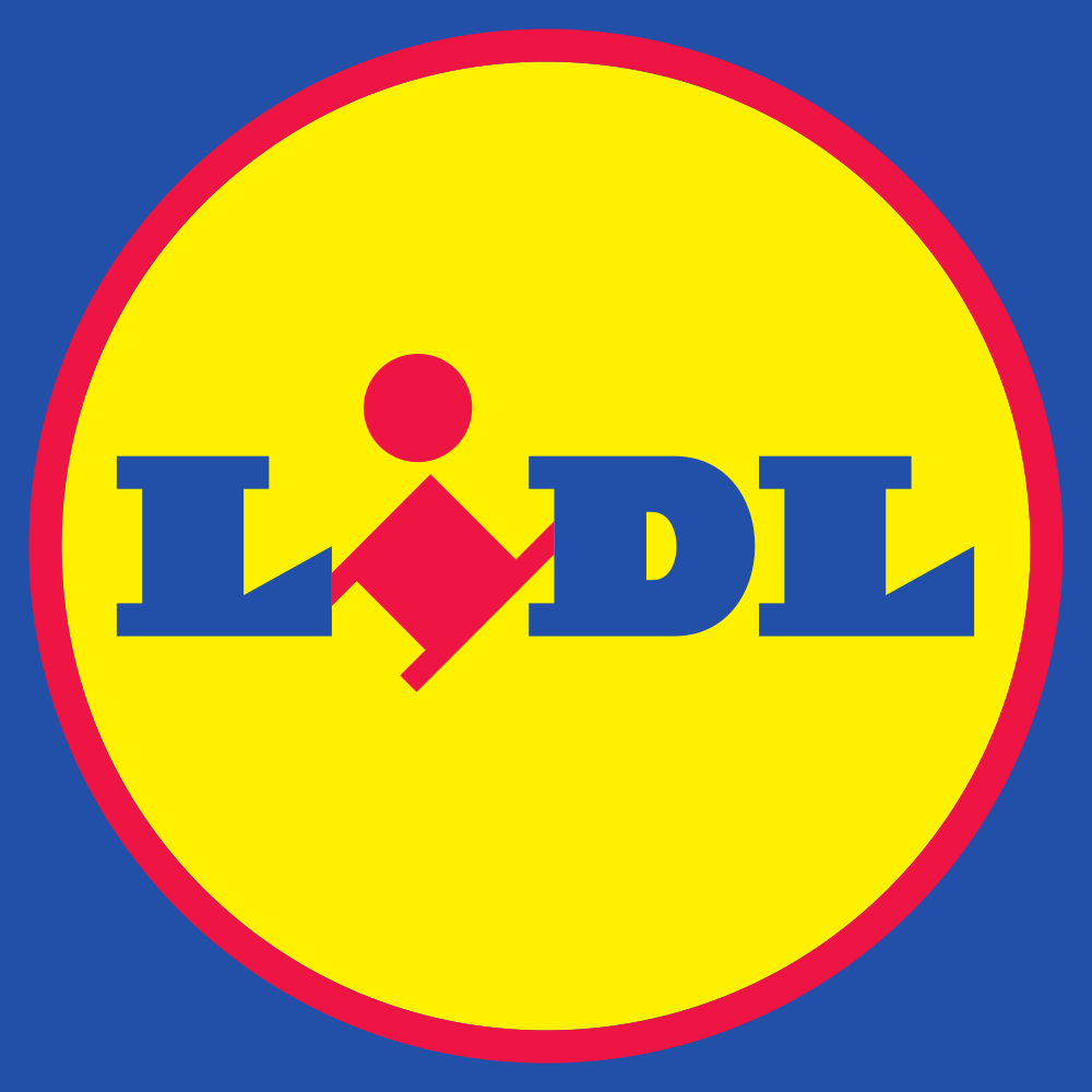 Lidl logo with blue letters and a red border on a yellow circle background. Lidl is a Plasloc client.