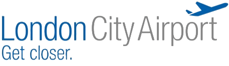 London City Airport logo with blue text, a gray airplane graphic, and the slogan 