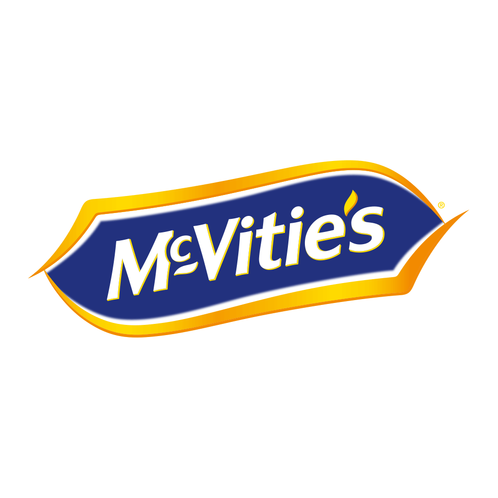 McVitie's logo with white text on a blue and yellow background. McVitie's is a Plasloc client.