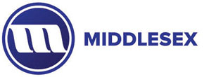 Blue and white Middlesex logo with a stylized 