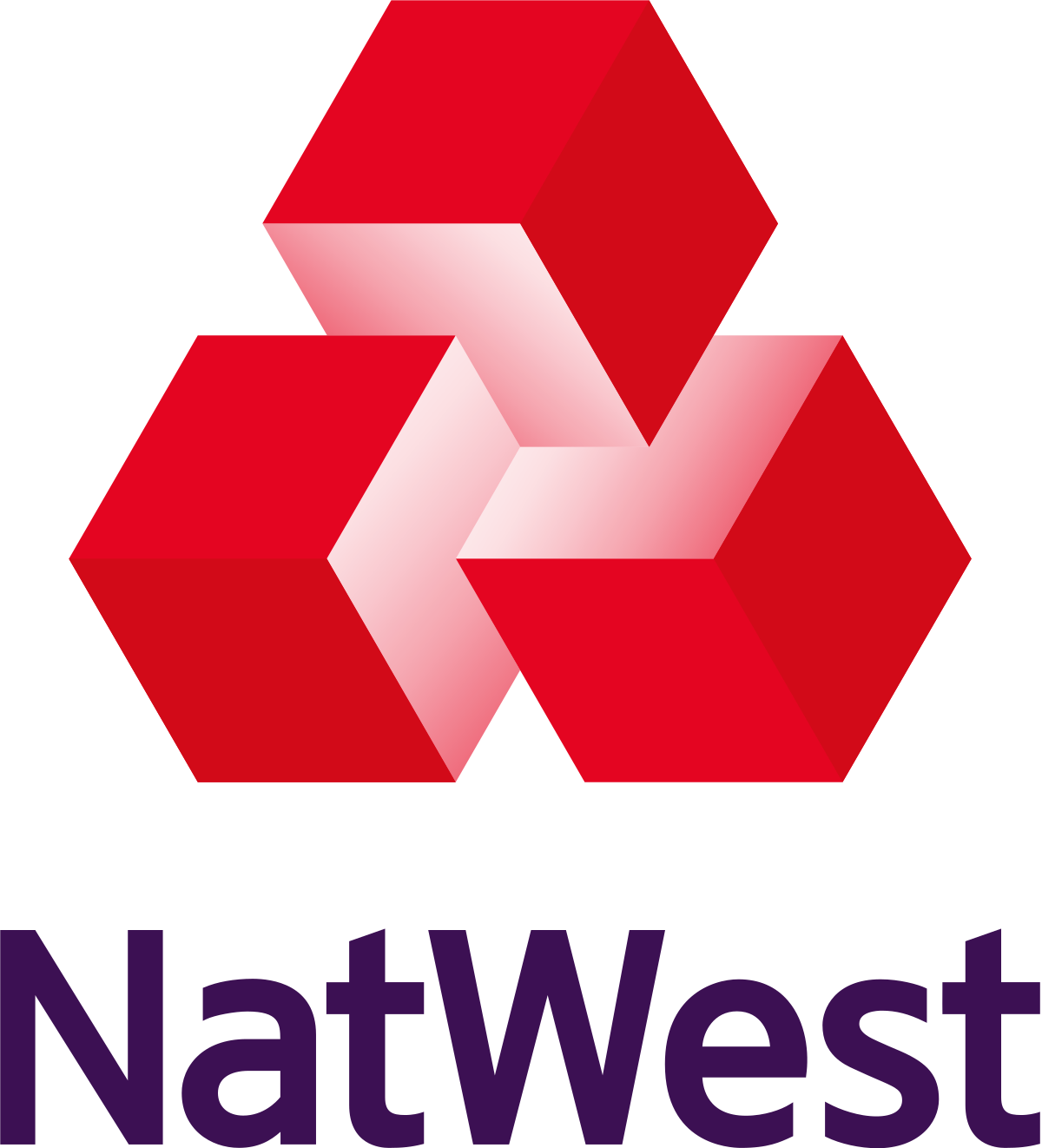NatWest logo featuring three interlocking red cubes above the word 