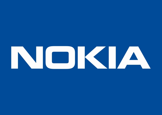The image shows the Nokia logo with bold white capital letters on a blue background. Nokia is a Plasloc client.
