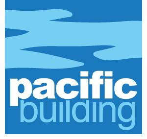 Logo with blue background, abstract light blue water shapes, and the words 