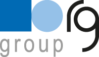 Logo with a blue square, a light blue circle, and stylized black 