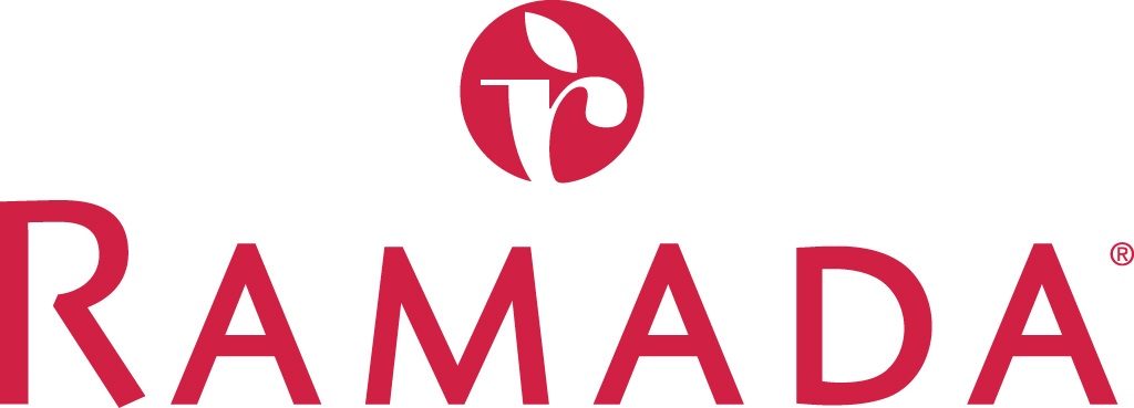 Ramada logo in red text with a circular emblem above the word featuring a stylized letter 