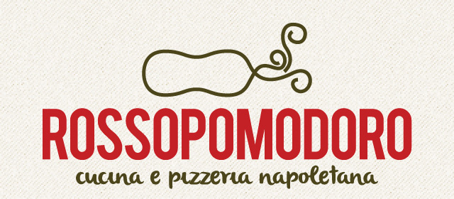 Rossopomodoro logo with abstract tomato graphic, red bold text, and Italian phrase 