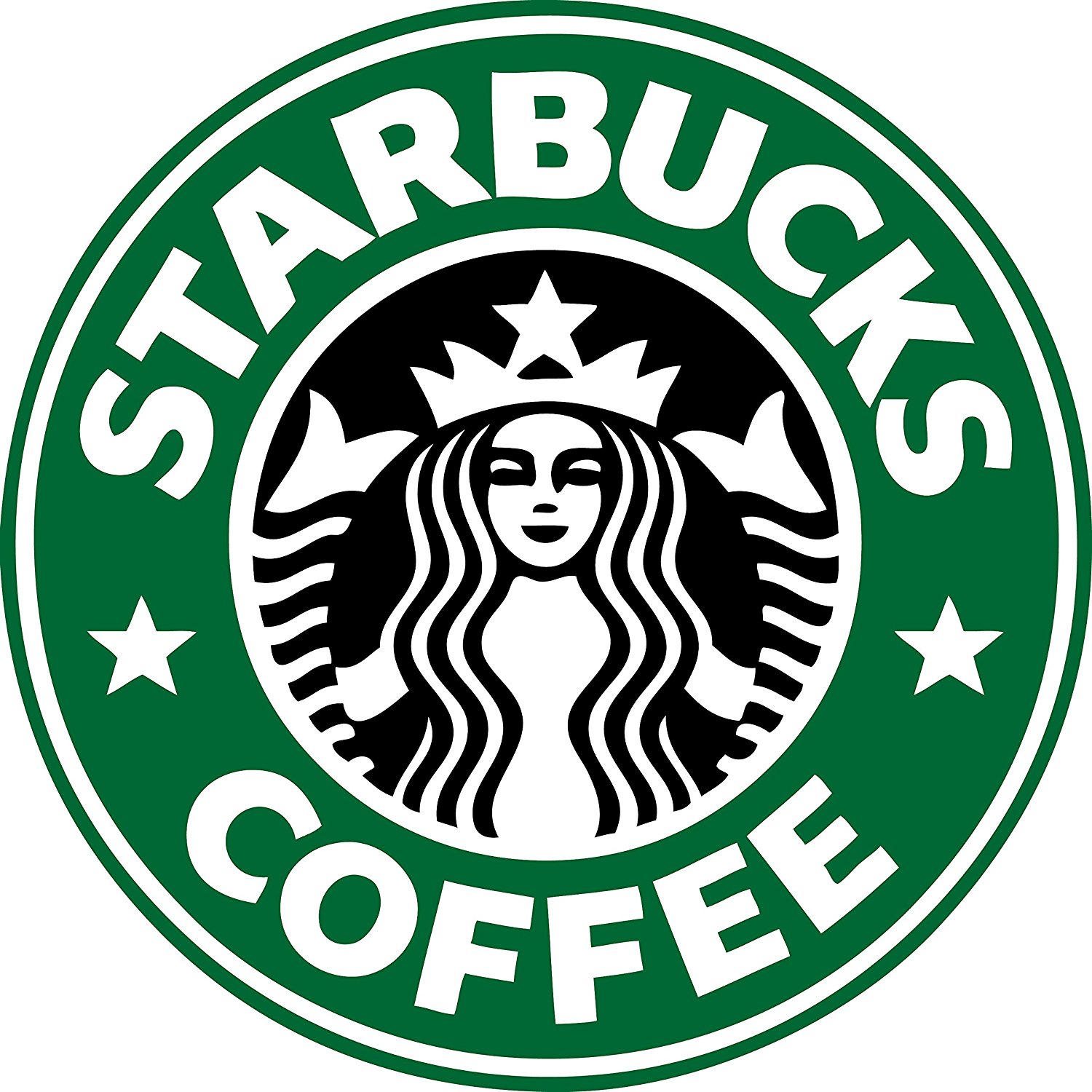 Starbucks Coffee logo featuring a crowned mermaid with two tails in black and white, surrounded by a green circle with white text and stars. Starbucks Coffee is a Plasloc client.