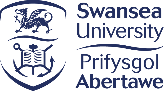 Swansea University logo with a dragon, open book, and anchor emblem, alongside bilingual English and Welsh text: 