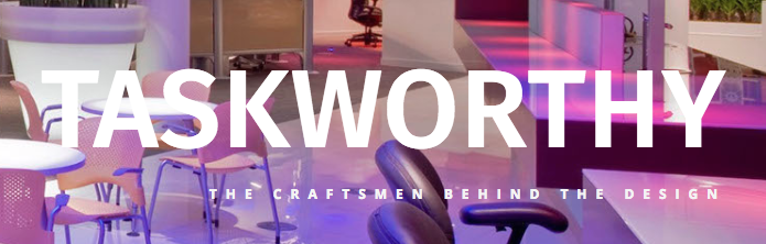 Modern office space with pink and purple lighting, various chairs and desks, overlaid by the words 