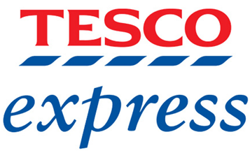 Tesco express logo in red uppercase letters above five blue diagonal stripes on a white background. Tesco express is a Plasloc client.