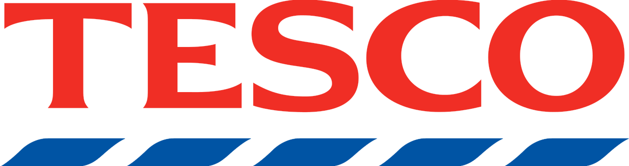 Tesco logo in red uppercase letters above five blue diagonal stripes on a white background. Tesco is a Plasloc client.
