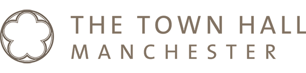 Logo for The Town Hall Manchester with stylized floral emblem on the left and the name written in uppercase letters to the right. The Town Hall Manchester is a Plasloc client.