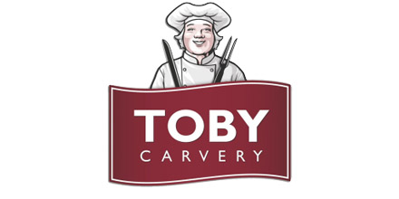 Logo for Toby Carvery featuring a smiling chef holding cutlery above a red sign displaying the restaurant name in white text. Toby Carvery is a Plasloc client.