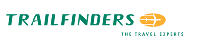 Trailfinders logo with green text and a yellow oval featuring a white airplane icon, accompanied by the slogan 
