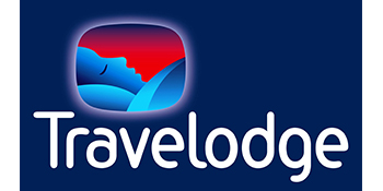 Travelodge logo featuring a stylized blue and red image of a sleeping person above the word 