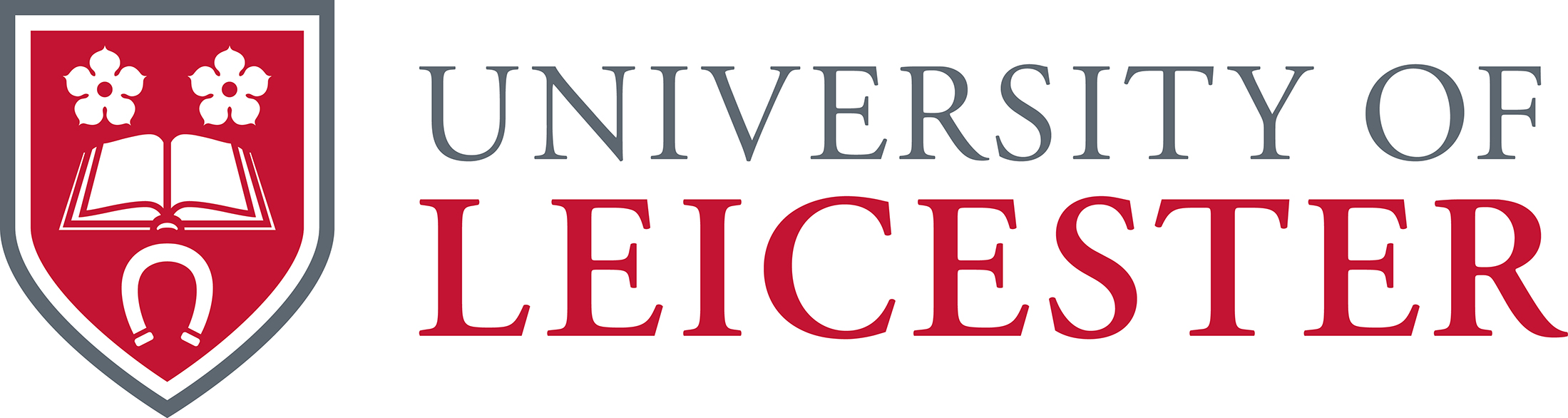 University of Leicester logo with a red shield featuring an open book, two flowers, a horseshoe, and the university name in gray and red text. University of Leicester is a Plasloc client.