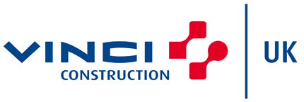 Vinci Construction UK logo featuring blue and red geometric design with the words 