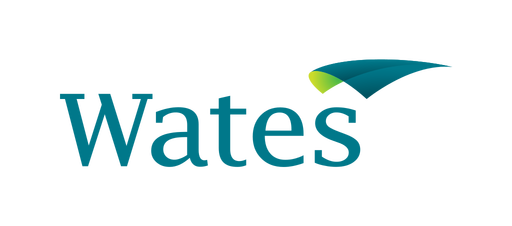 Wates logo with teal text and a stylized blue and green swoosh above the 