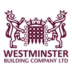 Logo for Westminster Building Company Ltd featuring two lions holding a gate with crowns, above the company name in bold capital letters. Westminster Building Company is a Plasloc client.