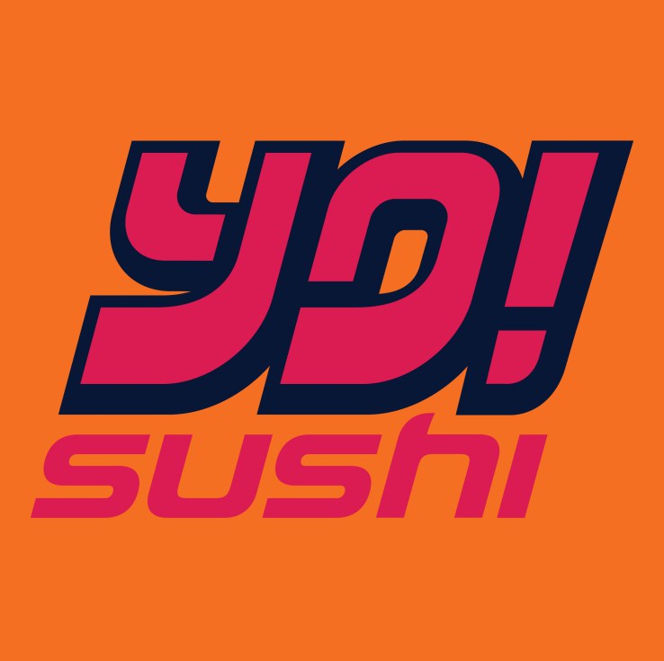 The YO! Sushi logo features bold pink and black text 