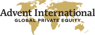 Advent International logo. Advent International Global Private Equity logo with black text over a gold world map background. Advent International is a Plasloc client.