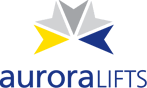 Aurora Lifts logo with blue, yellow, and gray geometric shapes above the company name in lowercase blue and gray text. Aurora Lifts is a Plasloc client.