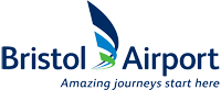 Bristol Airport logo with a stylized blue and green wing graphic and the slogan 