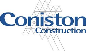 Coniston Construction logo with blue text overlaid on a geometric line design of connected triangles forming a stylized letter 